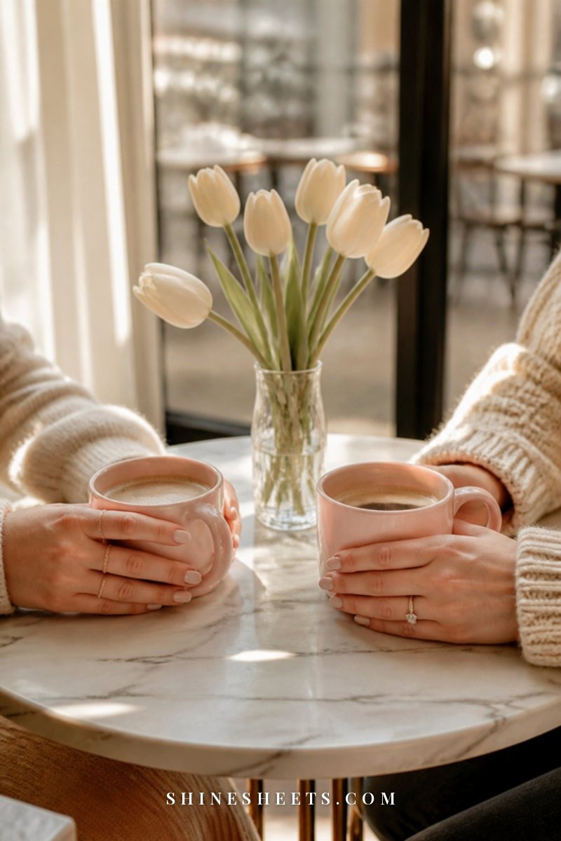 Two women's hands holding blush ceramic mugs across a small marble café table with a vase of cream tulips