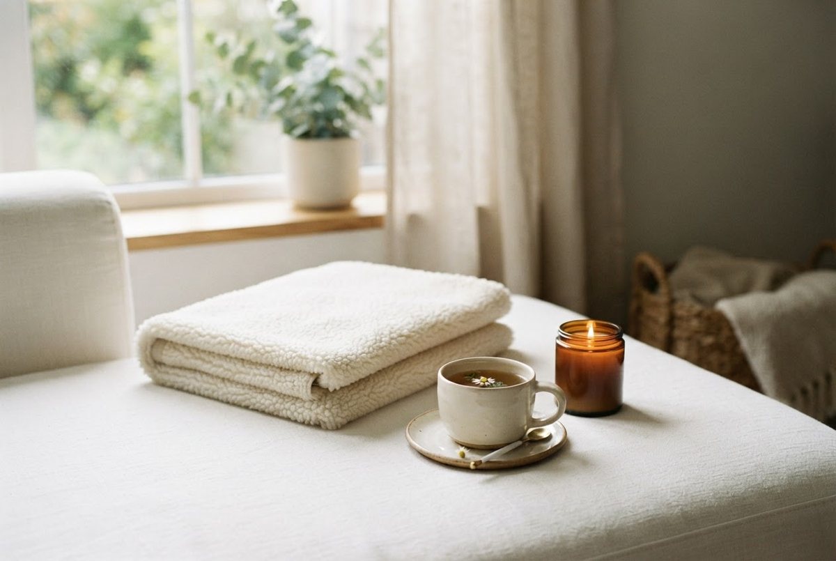 Cream sherpa throw, a lit glass candle and a cup of chamomile tea on a white linen sofa in soft afternoon light