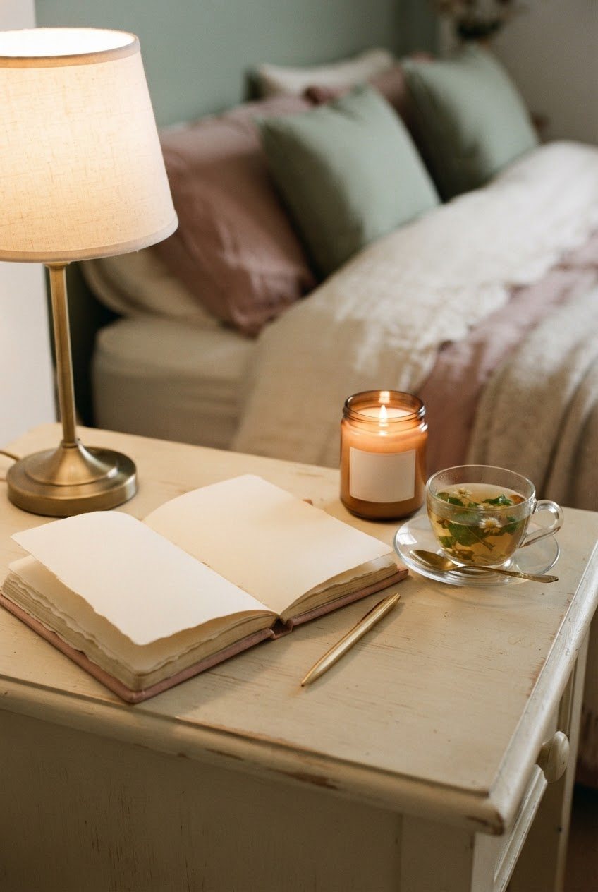 Open blush journal with a pen, a lit glass candle and a cup of herbal tea on a cream bedside table in warm evening light
