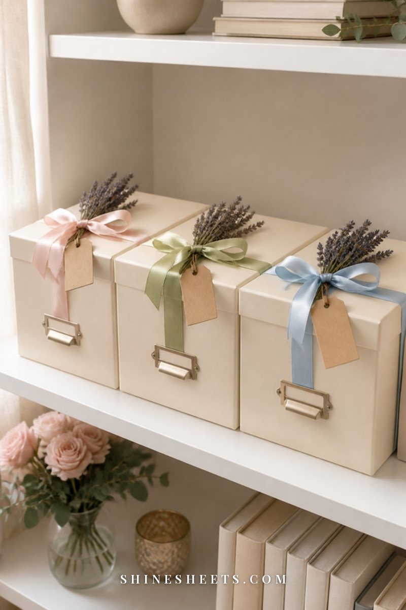Row of three cream archival photo boxes on a white shelf, each tied with a different pastel ribbon