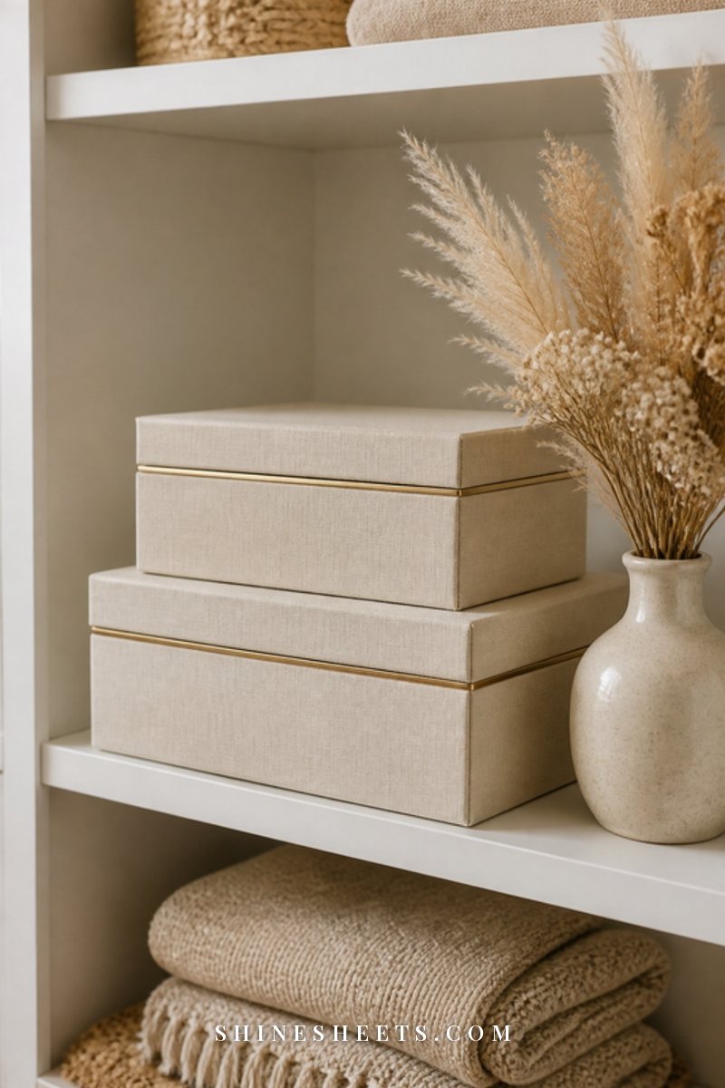 Two cream linen keepsake boxes with lids stacked on a white shelf beside a small vase of dried flowers