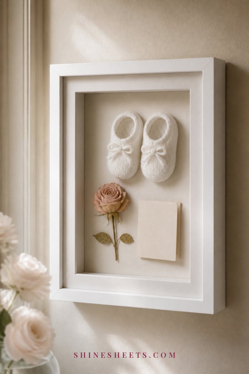 White shadow box frame holding a pair of tiny baby shoes, a dried flower and a folded blank note on a cream wall