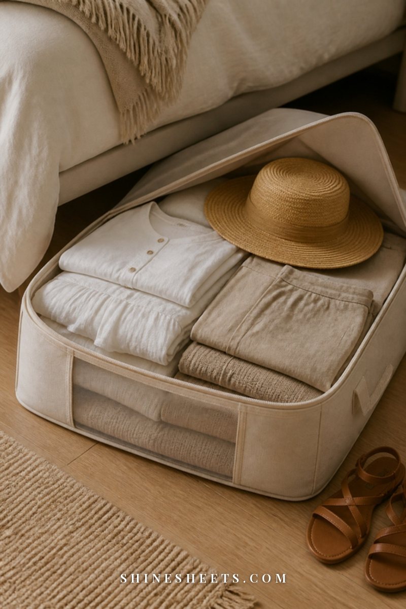Clear-window cream fabric under-bed storage bag filled with neatly folded beige and white women's summer clothes