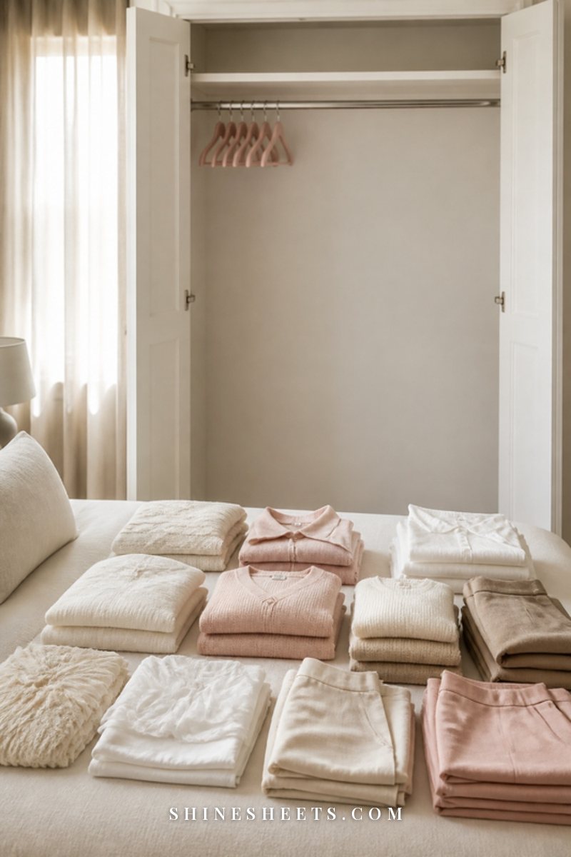 Empty white closet rail with a few blush velvet hangers above neatly stacked folded clothes on a cream bed