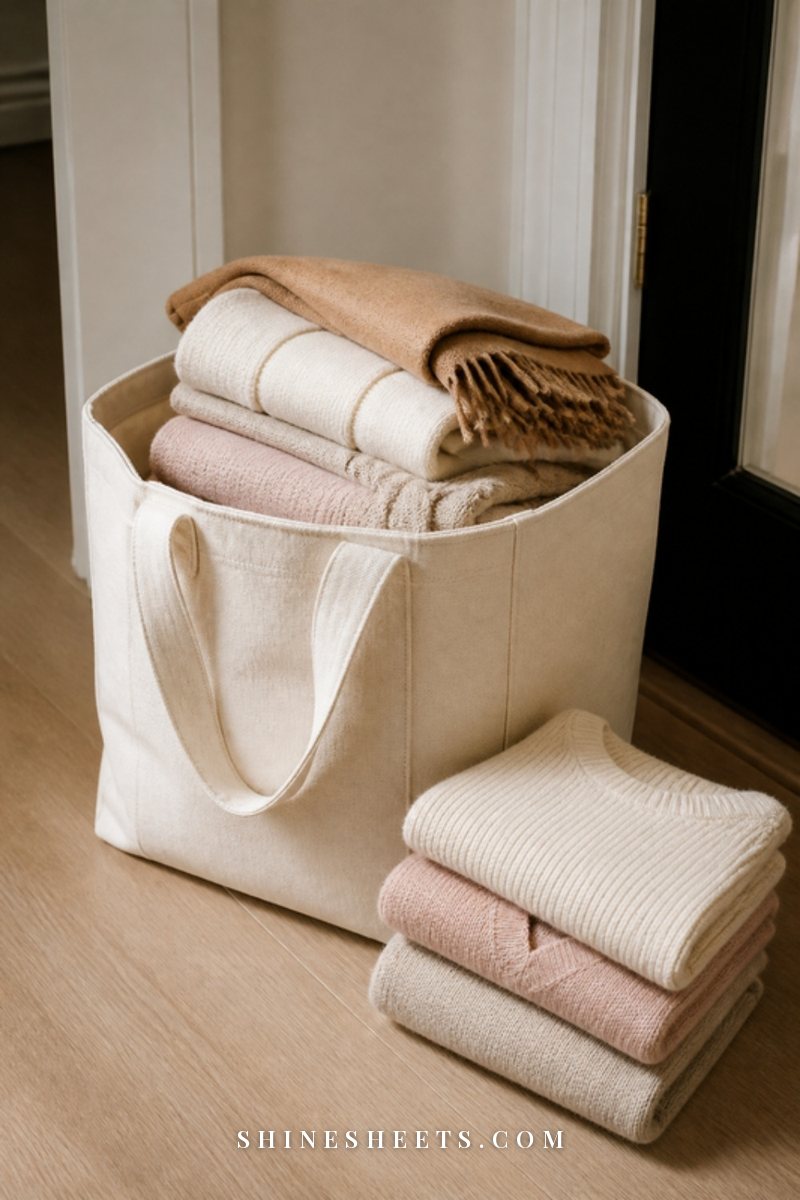 Neatly folded cream, beige and blush women's sweaters stacked in a cream canvas tote bag on a light wood floor