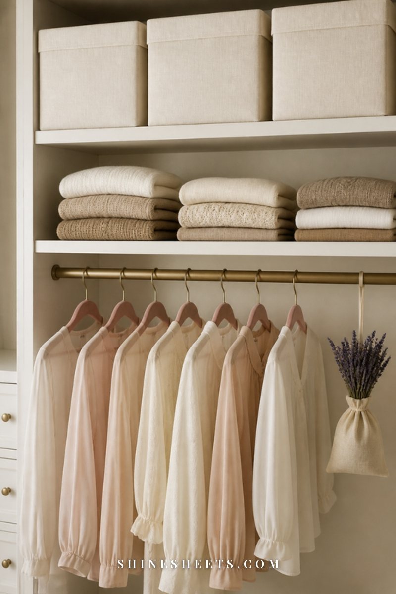 Tidy closet shelf with cream fabric storage bins, folded beige knits and a few blush velvet hangers in soft light