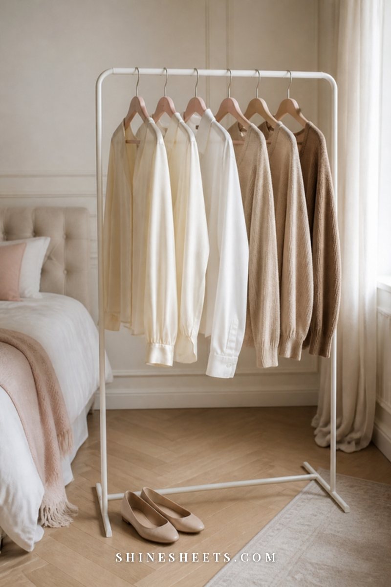 White metal garment rack with blush velvet hangers holding a few cream and beige women's blouses and knits