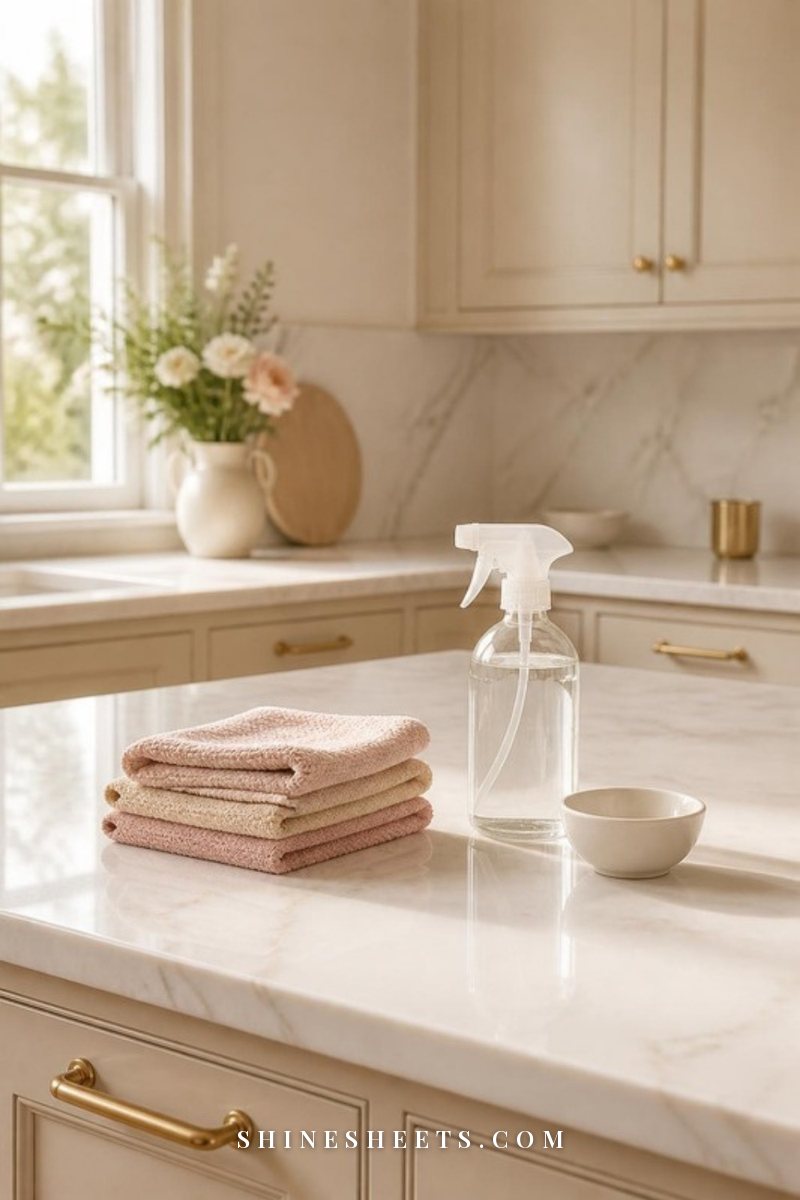 Bright cream kitchen with an empty marble counter, a folded stack of blush and beige microfiber cloths and a glass spray bottle in soft morning light