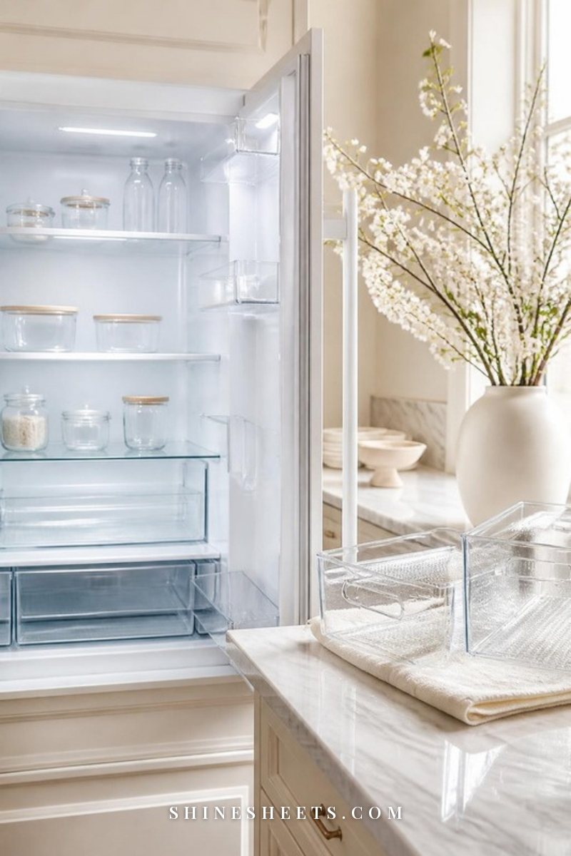 Freshly cleaned white fridge interior with clear glass shelves, glass containers and a cream linen towel holding removed drawers on a counter