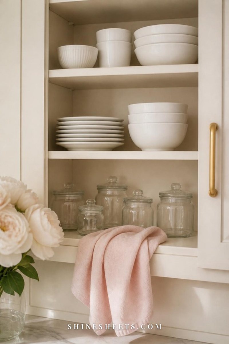 Open cream kitchen cabinet with neatly arranged white plates and glass jars, a blush microfiber cloth draped on the shelf edge in soft light
