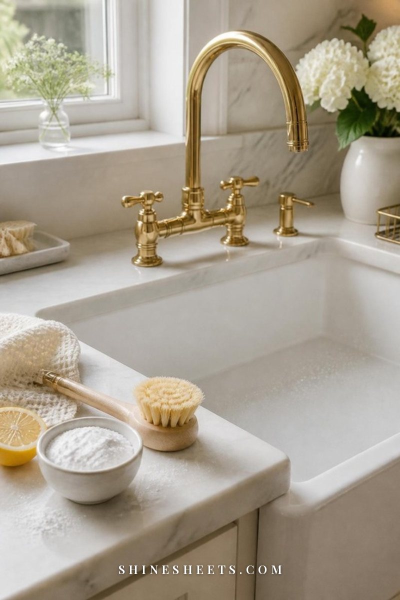 Sparkling white farmhouse kitchen sink with a gold faucet, a soft scrub brush, a small bowl of baking soda and a folded cream towel