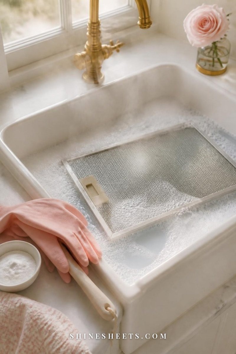 Stainless steel mesh range hood filter soaking in a white sink of hot sudsy water with a soft brush and pink rubber gloves on the edge