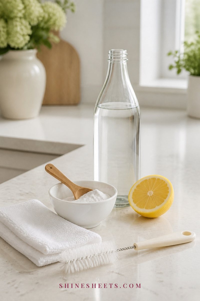 Bottle of white vinegar without a label, a small bowl of citric acid powder, a lemon and a microfiber cloth on a cream counter