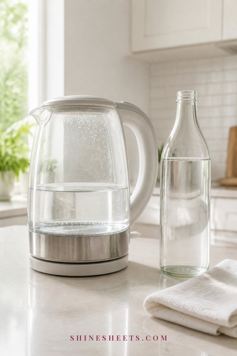 Clear glass kettle filled halfway with water on a cream kitchen counter with a glass bottle of vinegar beside it