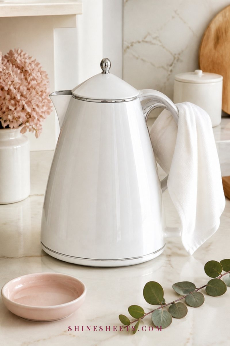 Gleaming white electric kettle with a folded white microfiber cloth over its handle on a bright cream counter