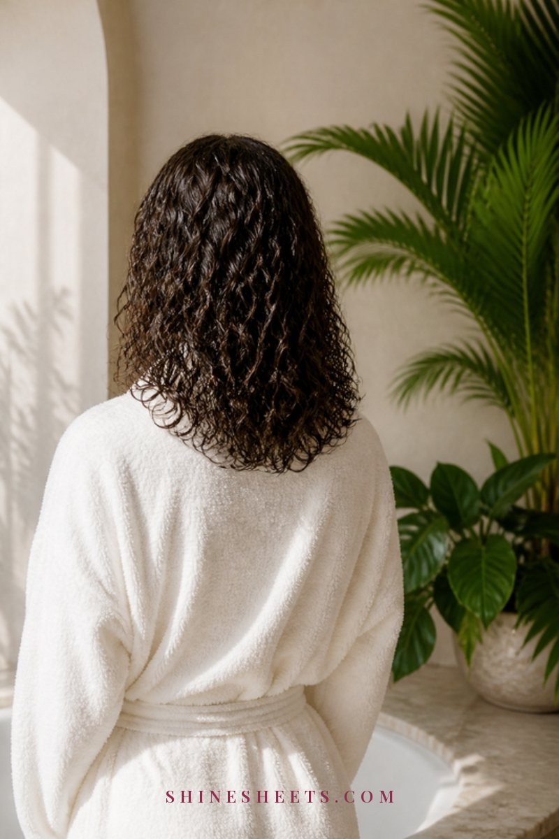 A woman seen from behind with healthy defined curls, damp from the shower, wrapped in a white towel robe beside green plants