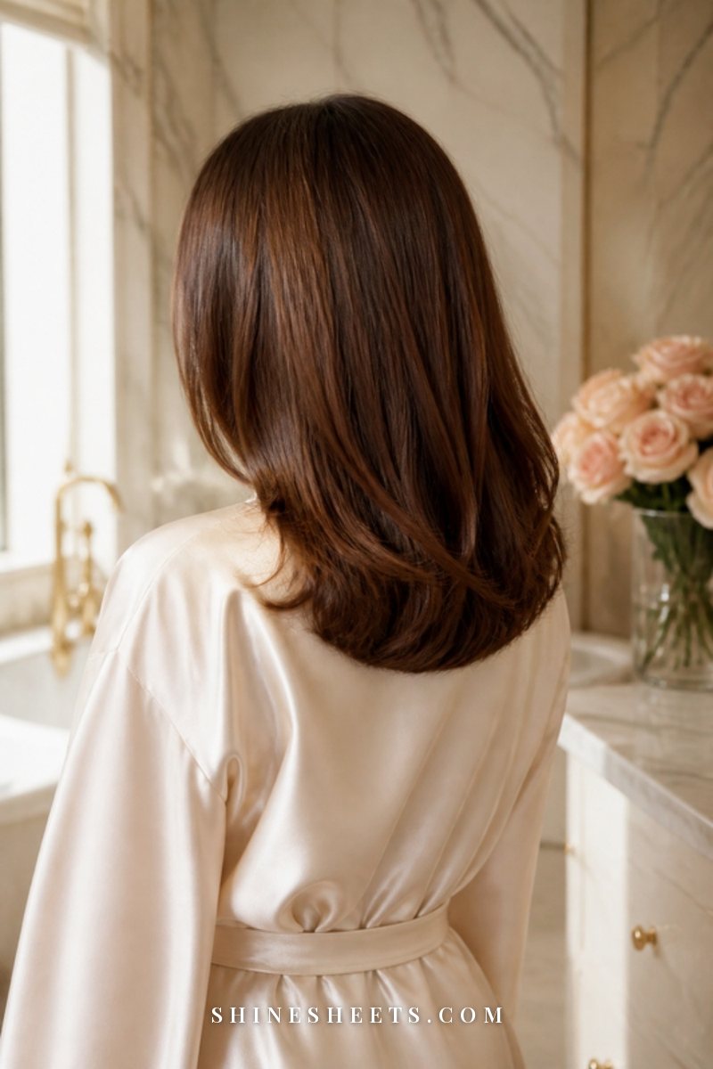 A woman seen from behind with long, slightly tousled hair, wrapped in a cream towel robe in a soft bright bathroom