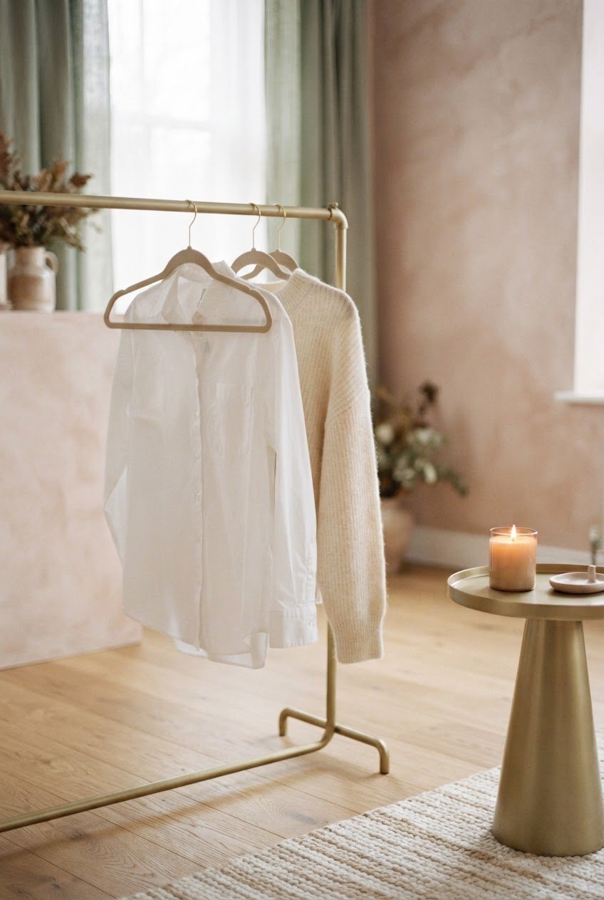 Beige velvet hangers with a white shirt and cream knit on a minimal rail beside a glass candle
