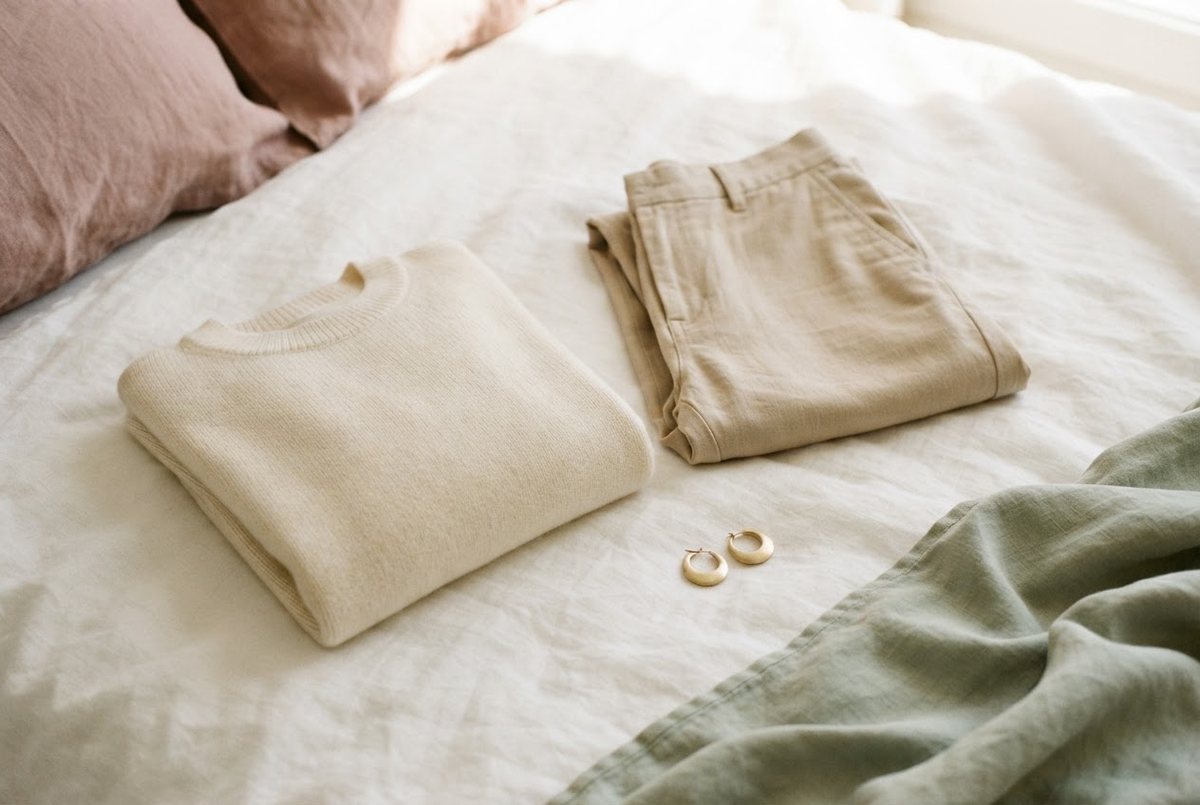 Cream knit sweater, beige trousers and gold hoop earrings neatly laid out on a white linen bed