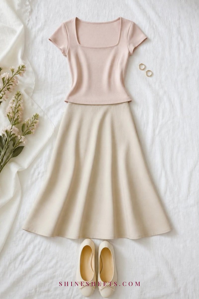 Beige A-line midi skirt with a fitted blush square-neck top and cream ballet flats laid flat on white linen