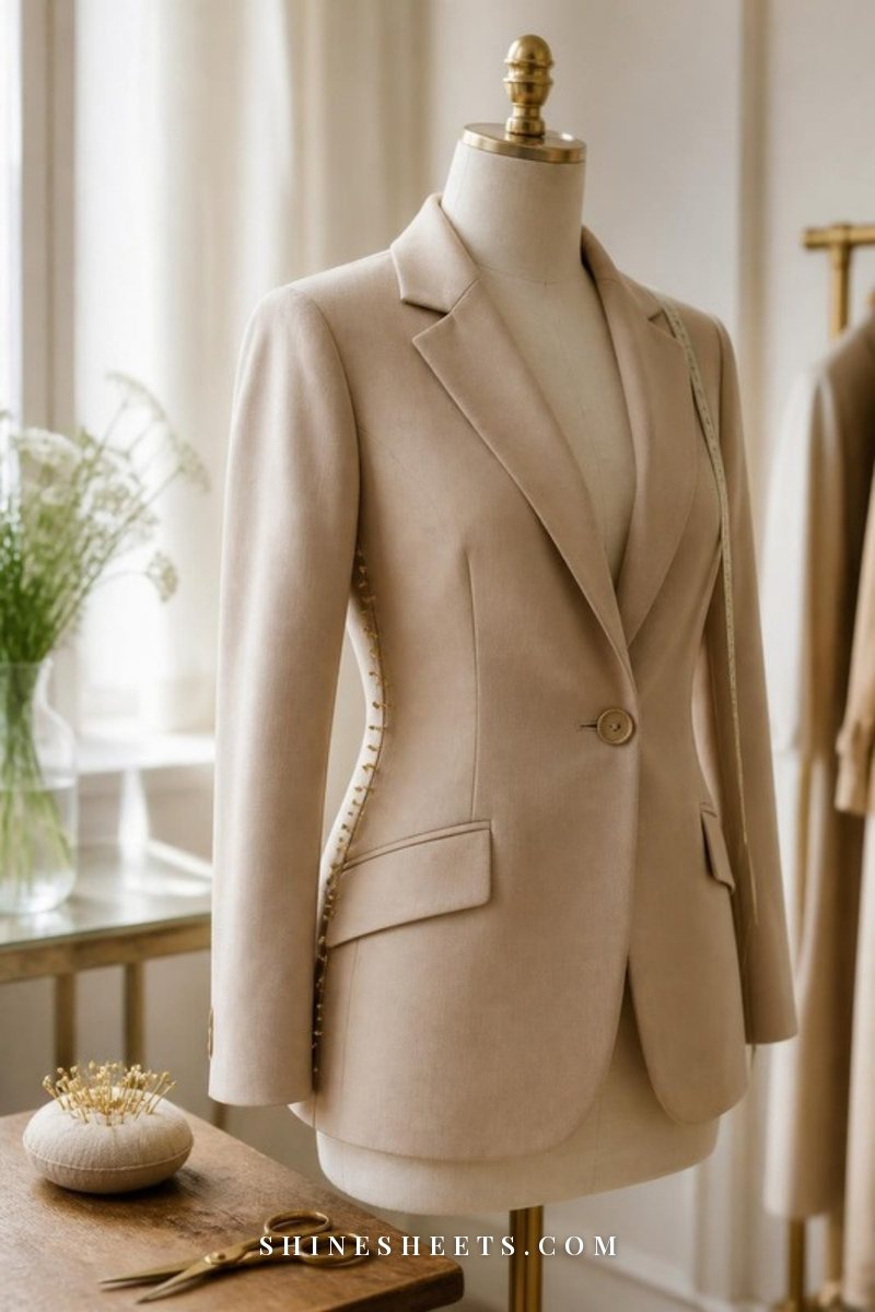 Beige tailored women's blazer on a dress form with gold tailor pins along the waist and a soft measuring tape draped over the shoulder