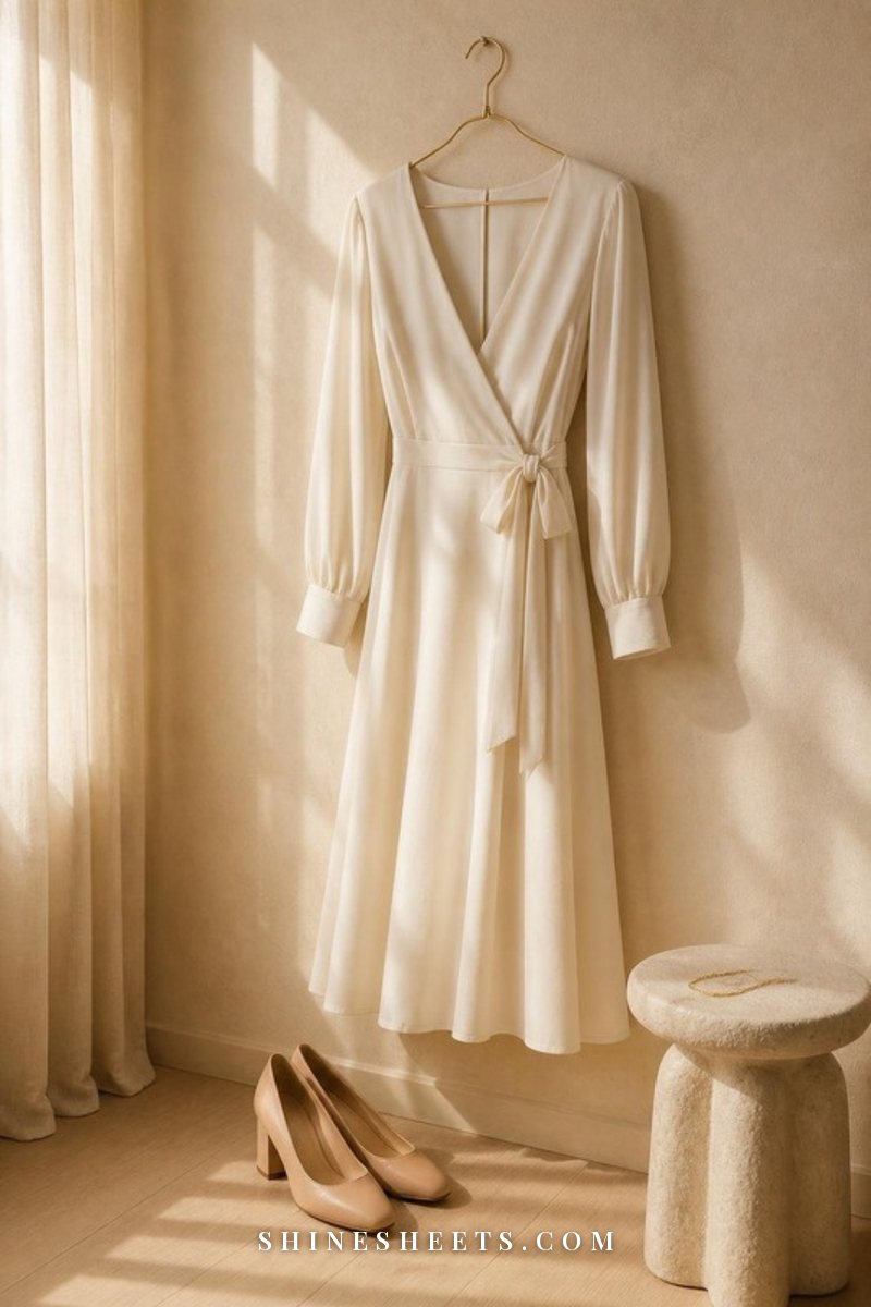 Cream wrap midi dress with a tie waist hanging on a gold hanger against a soft beige wall