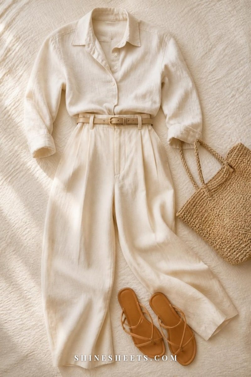 Ivory linen shirt and wide-leg trousers with a thin gold-buckle beige leather belt arranged on a cream bedspread