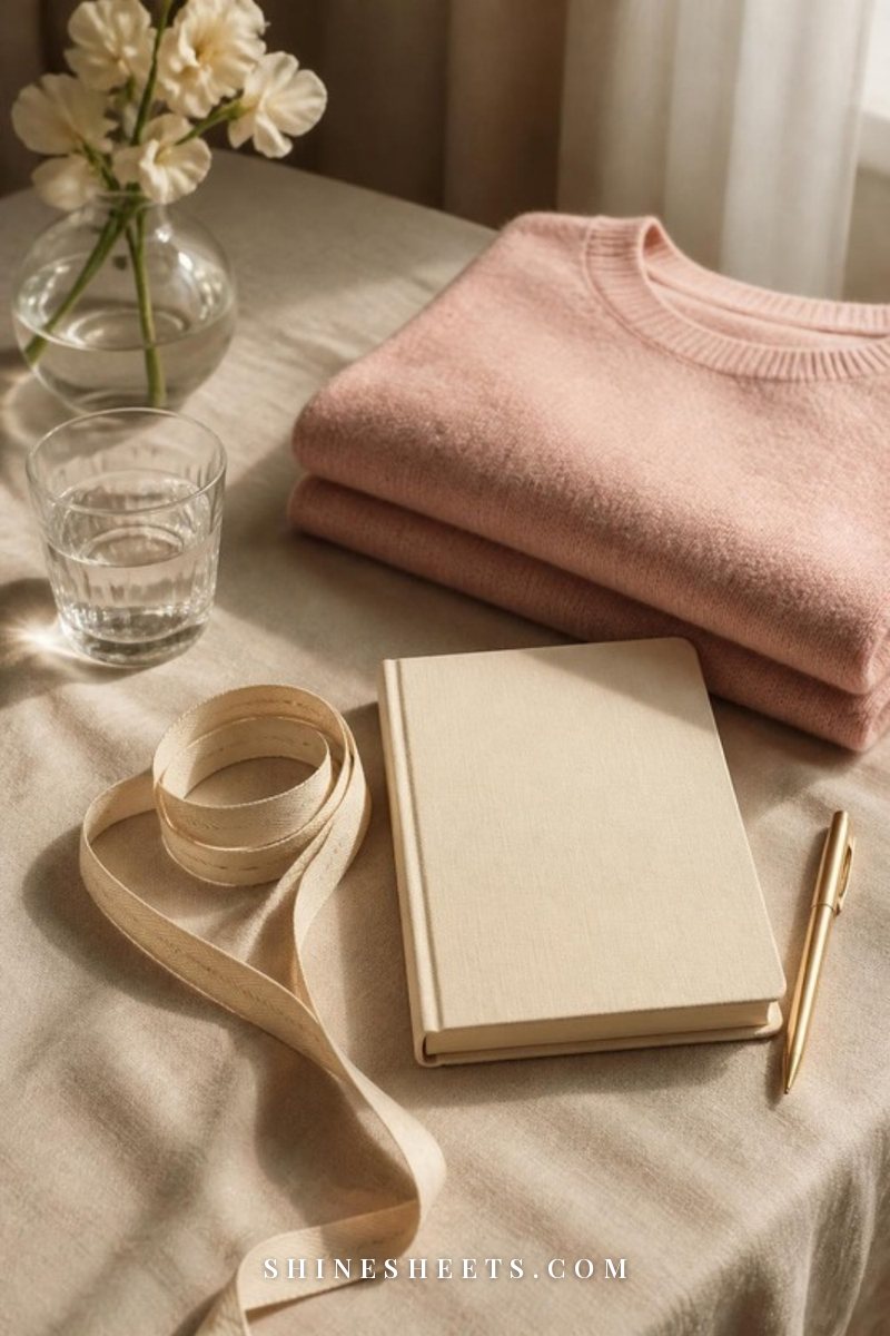 Soft measuring tape, a cream notebook and a gold pen on a beige linen surface next to a folded blush knit
