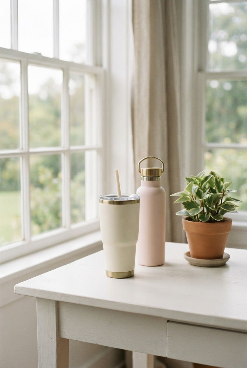 Cream tumbler with a straw, a pastel water bottle and a small potted plant on a white desk by a sunny window