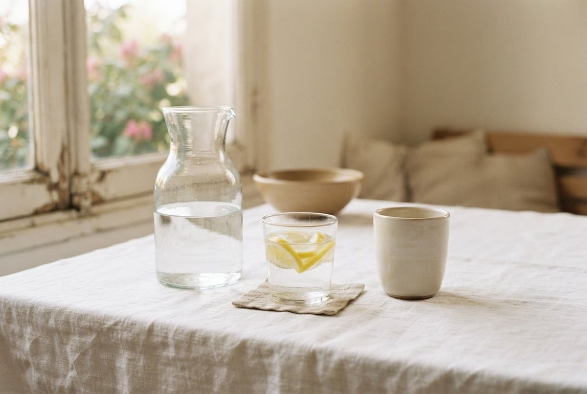 Glass carafe of water, a clear glass with lemon slices and a cream tumbler on a white linen table in soft morning light