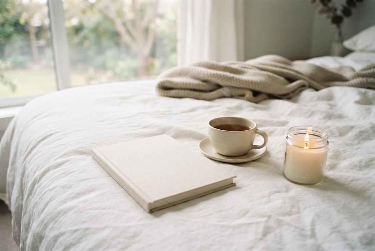 Closed cream journal, a cup of tea and a lit glass candle on a white linen bed in soft morning light