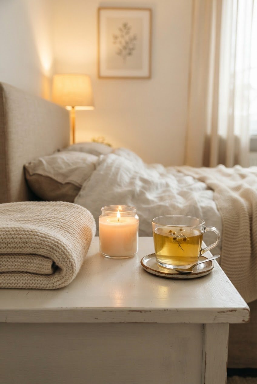 Folded cream knit throw, a glass candle and a cup of chamomile tea on a white bedside table in warm evening light