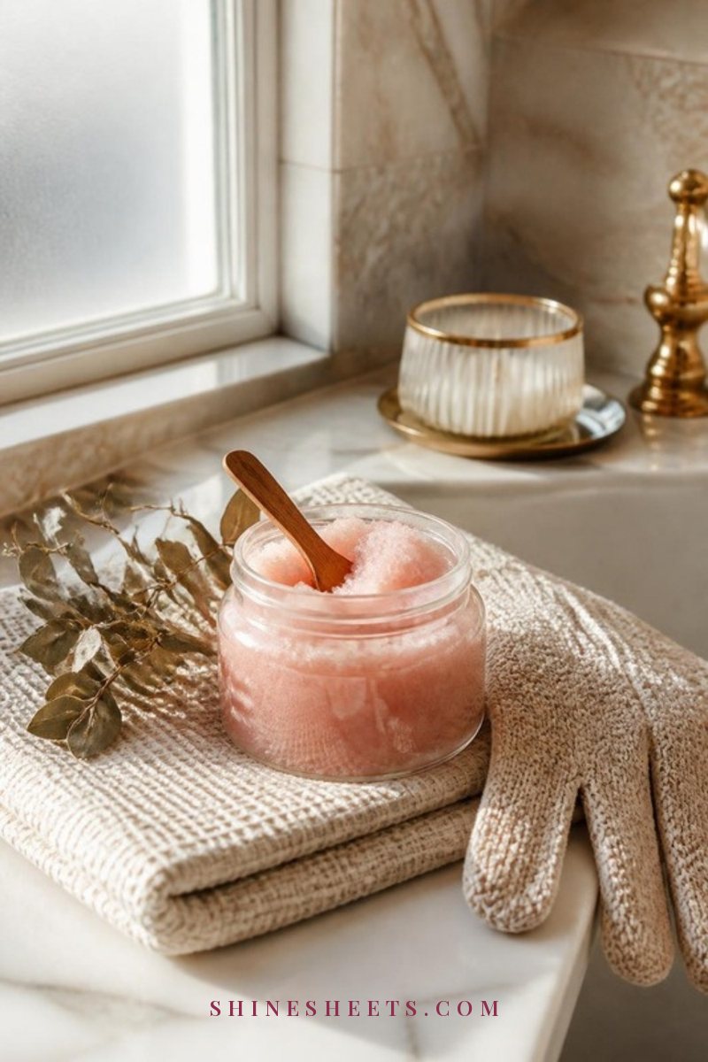 Folded cream waffle towel, a glass jar of sugar body scrub and a beige exfoliating glove on a marble bath ledge in soft morning light