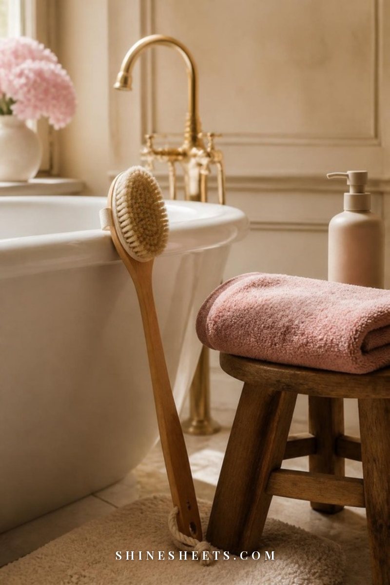 A long-handled bath brush with a light wooden handle resting on a white bathtub next to a folded blush towel