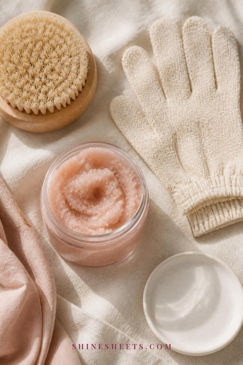 A pink sugar body scrub, beige exfoliating gloves and a natural bristle body brush arranged on a cream linen towel