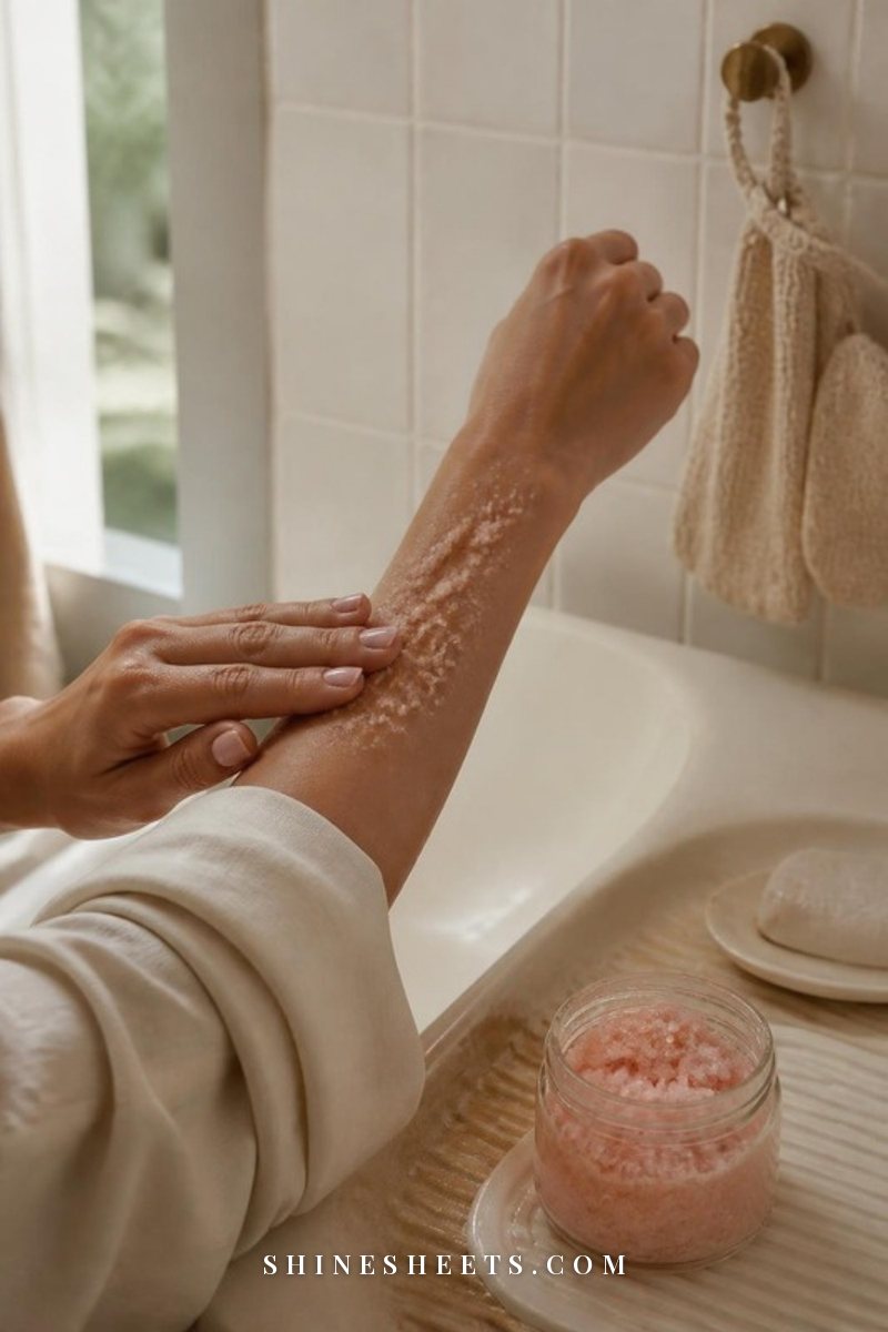 A woman's hand gently massaging pink body scrub onto her forearm in a bright cream-tiled shower