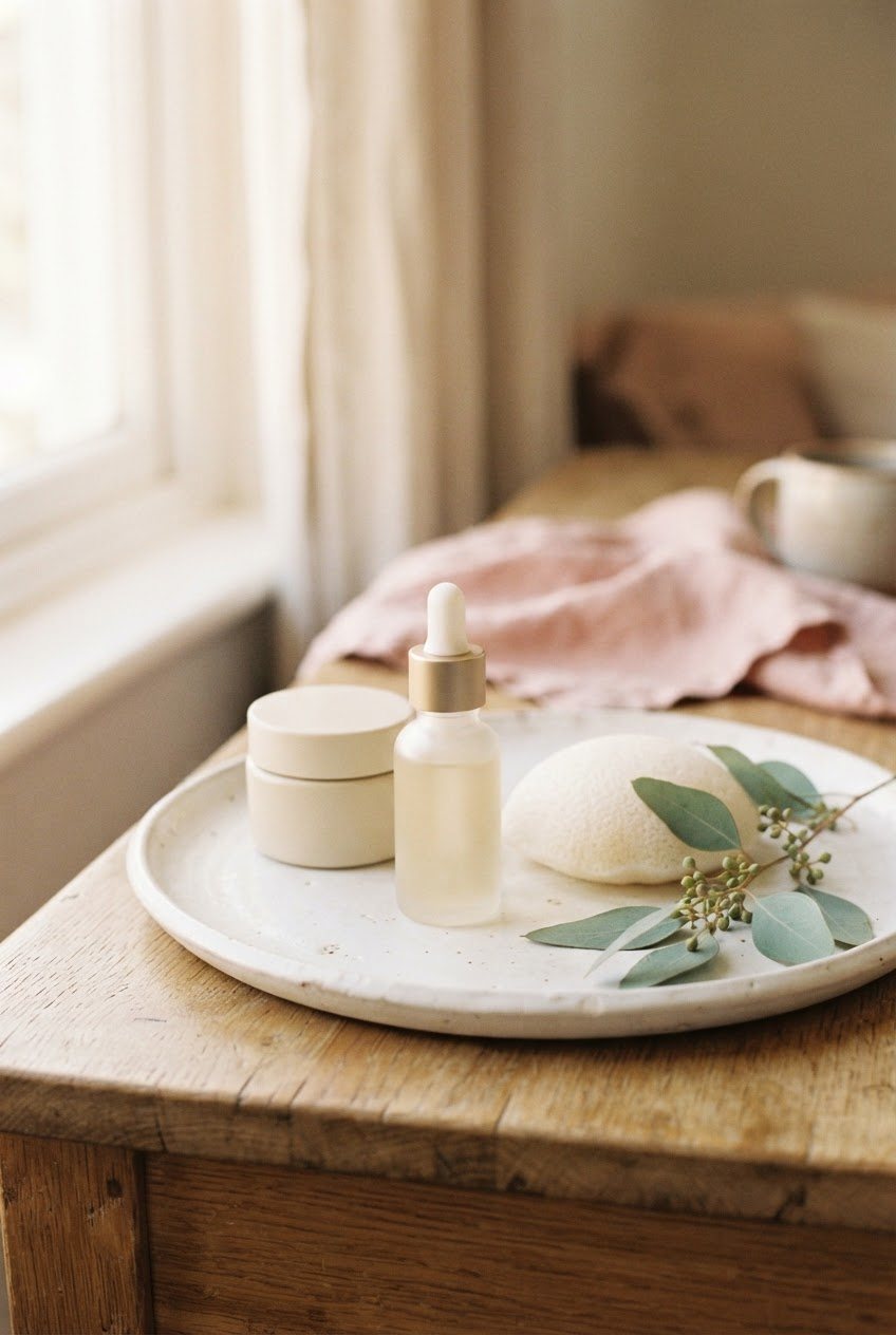 Small frosted glass bottle, an unlabeled cream jar and a soft white konjac sponge on a white ceramic tray beside a sprig of eucalyptus