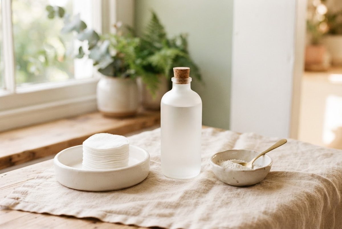 White ceramic dish with cotton pads, a frosted glass toner bottle and a small bowl of fine white powder on a linen cloth in soft daylight