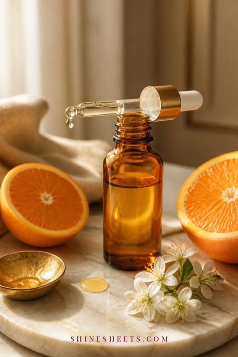 Amber glass dropper bottle of vitamin C serum next to halved oranges on a cream marble tray in morning light