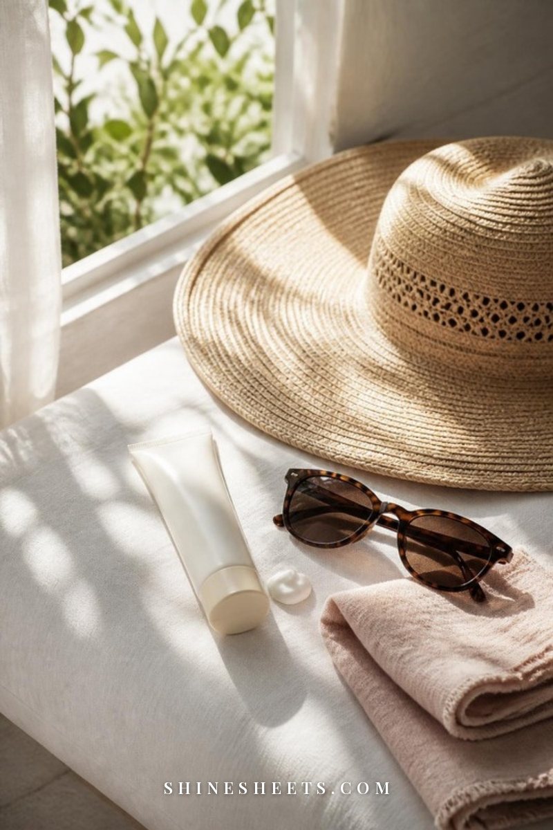 Cream tube of mineral face sunscreen, a wide-brim straw hat and sunglasses on a sunlit white linen bench