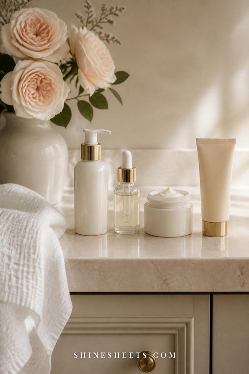 Gentle skincare routine lined up in order on a cream bathroom counter: cleanser, serum, moisturizer and sunscreen