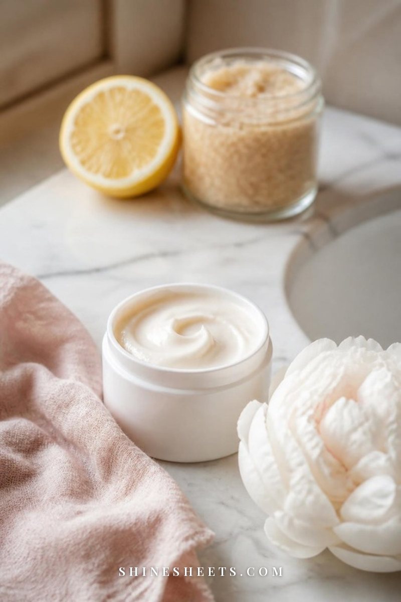 A halved lemon and a jar of gritty scrub pushed aside on a marble counter next to a soft cream moisturizer