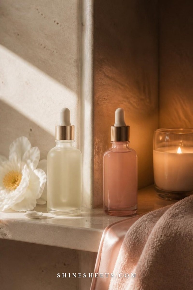 Two serum bottles on a cream tray, one in morning sunlight and one beside a lit glass candle for evening