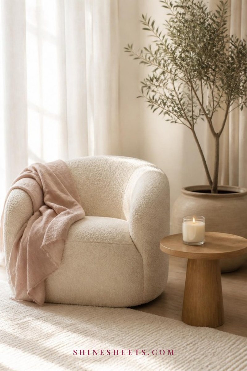 Calm cream living room corner with a soft armchair, a linen throw, a green plant and warm window light
