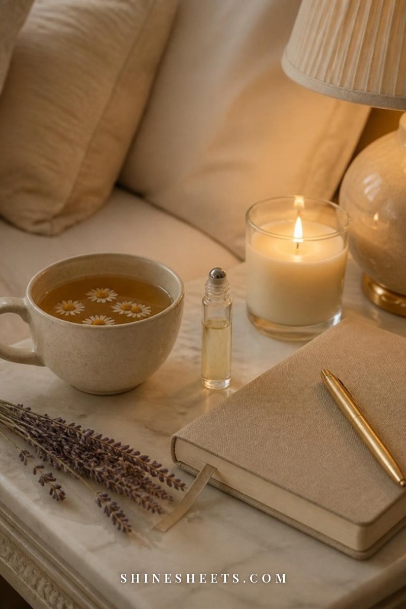 Cream nightstand with a cup of tea, a lit glass candle, a linen journal and a small essential oil roller