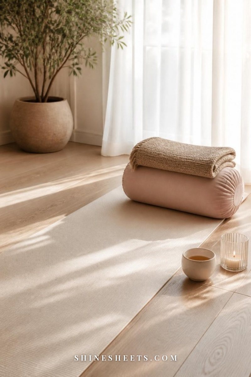 Cream yoga mat unrolled on a light wooden floor with a folded blanket and a bolster in soft morning light
