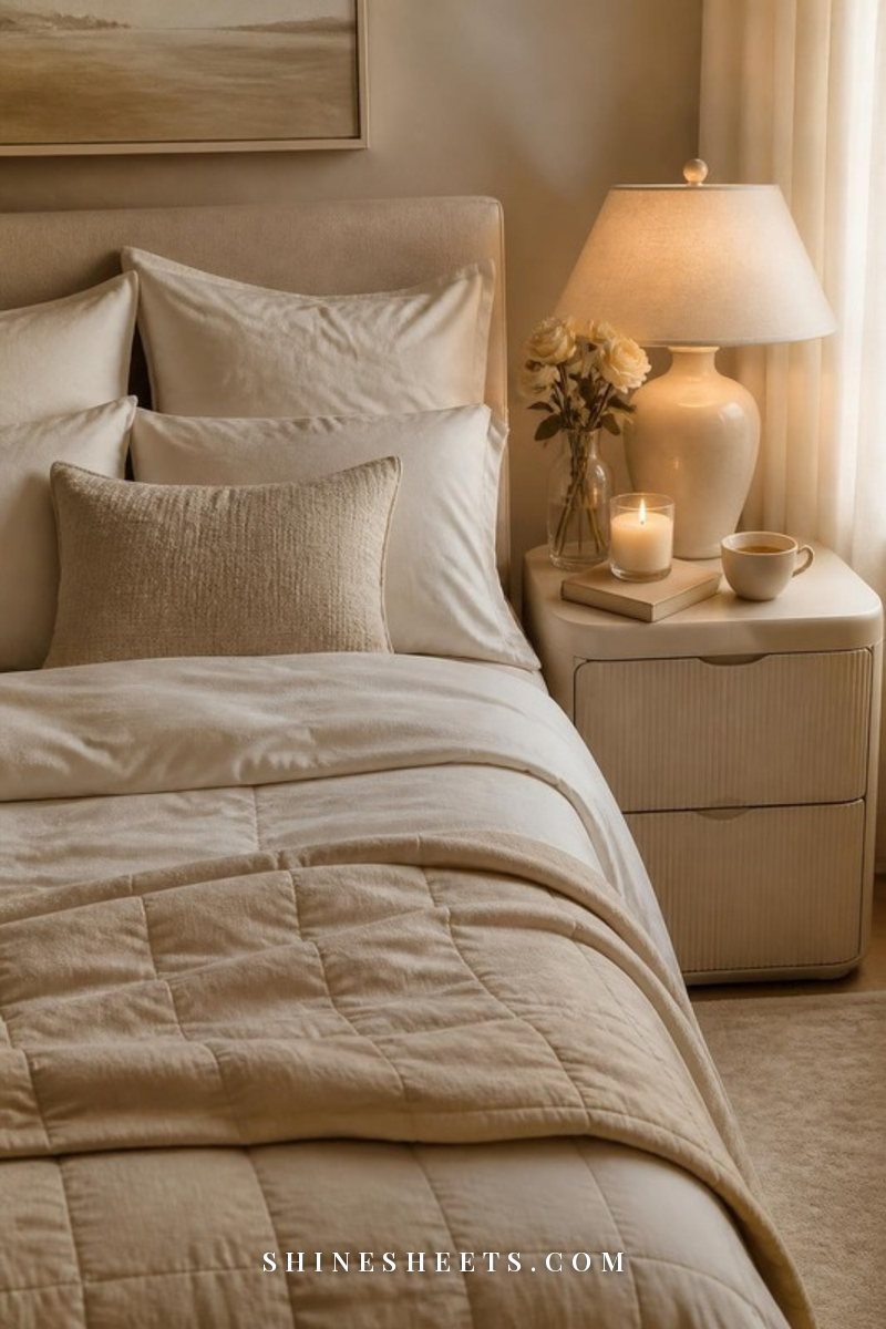 Neatly made bed with a beige weighted blanket, cream linen sheets and a glass candle on the nightstand