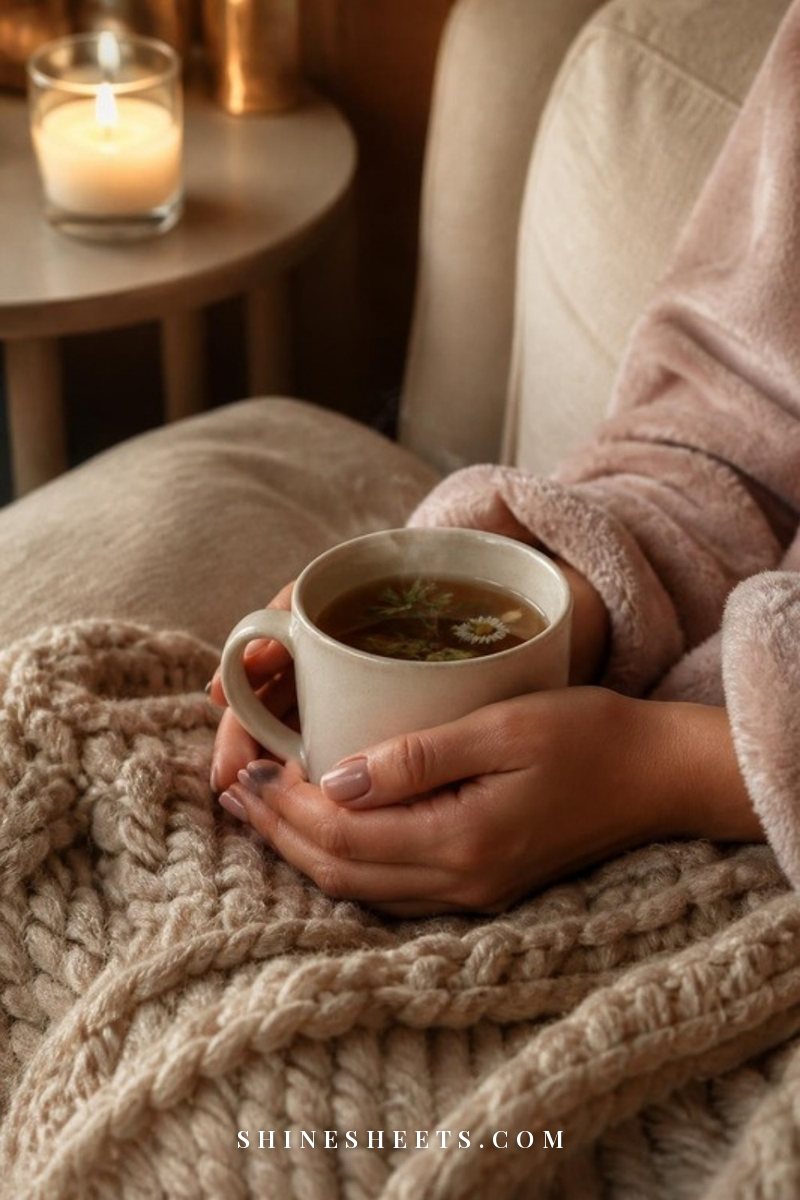 Woman's hands holding a cream ceramic mug of tea over a soft beige knit blanket on a linen sofa