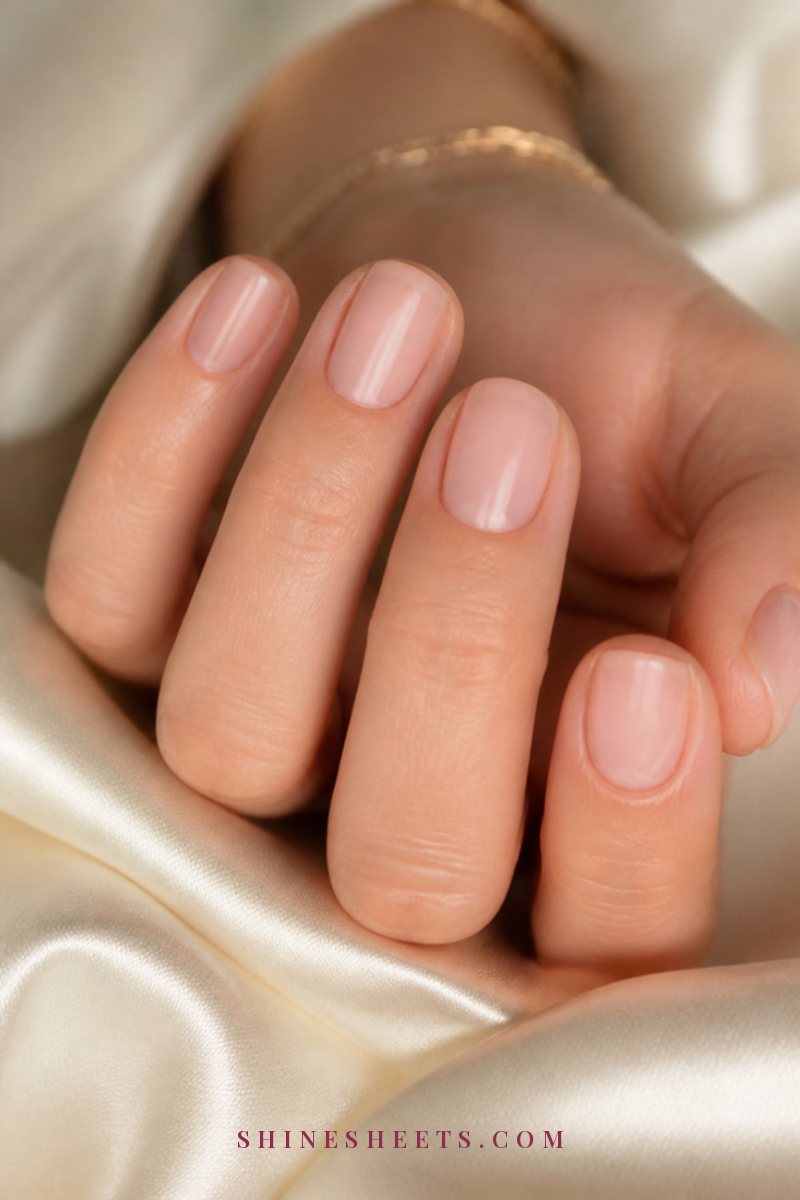 Close-up of a woman's fingertips with neatly filed squoval nails in a sheer pink finish on a cream background
