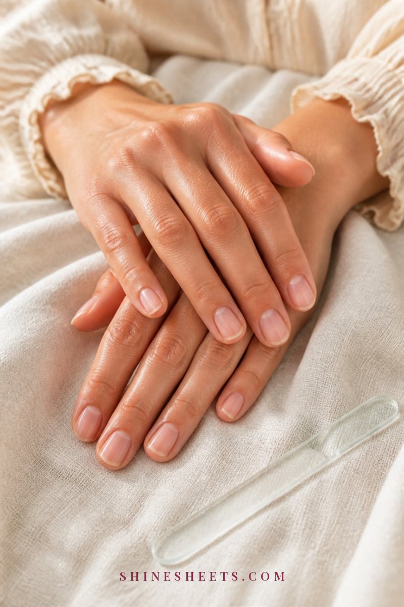 Close-up of a woman's hands with short natural nails resting on cream linen beside a glass nail file